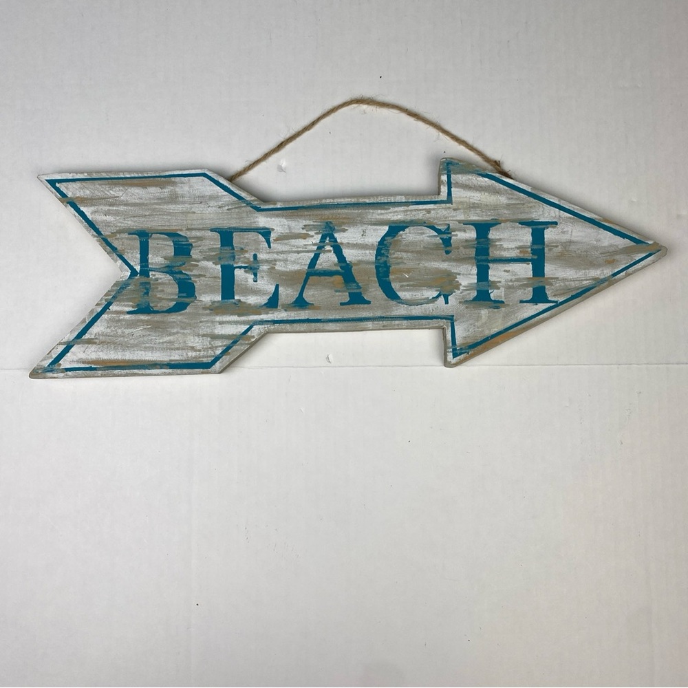 Beach Arrow Sign Solid Wood Distressed Painted Nautical Home Decor White Teal